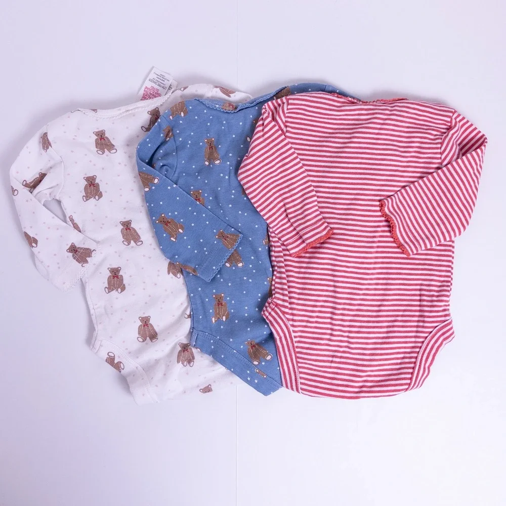 Baby Boden 3 Pc Bodysuit Set Pink Blue White Bear Stripe Long Sleeve Baby 0-3 M